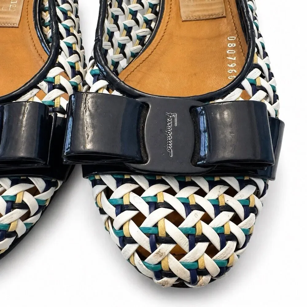 Salvatore Ferragamo Vara Bow Woven Leather Pumps Shoes Multicolor Size 8 B Italy